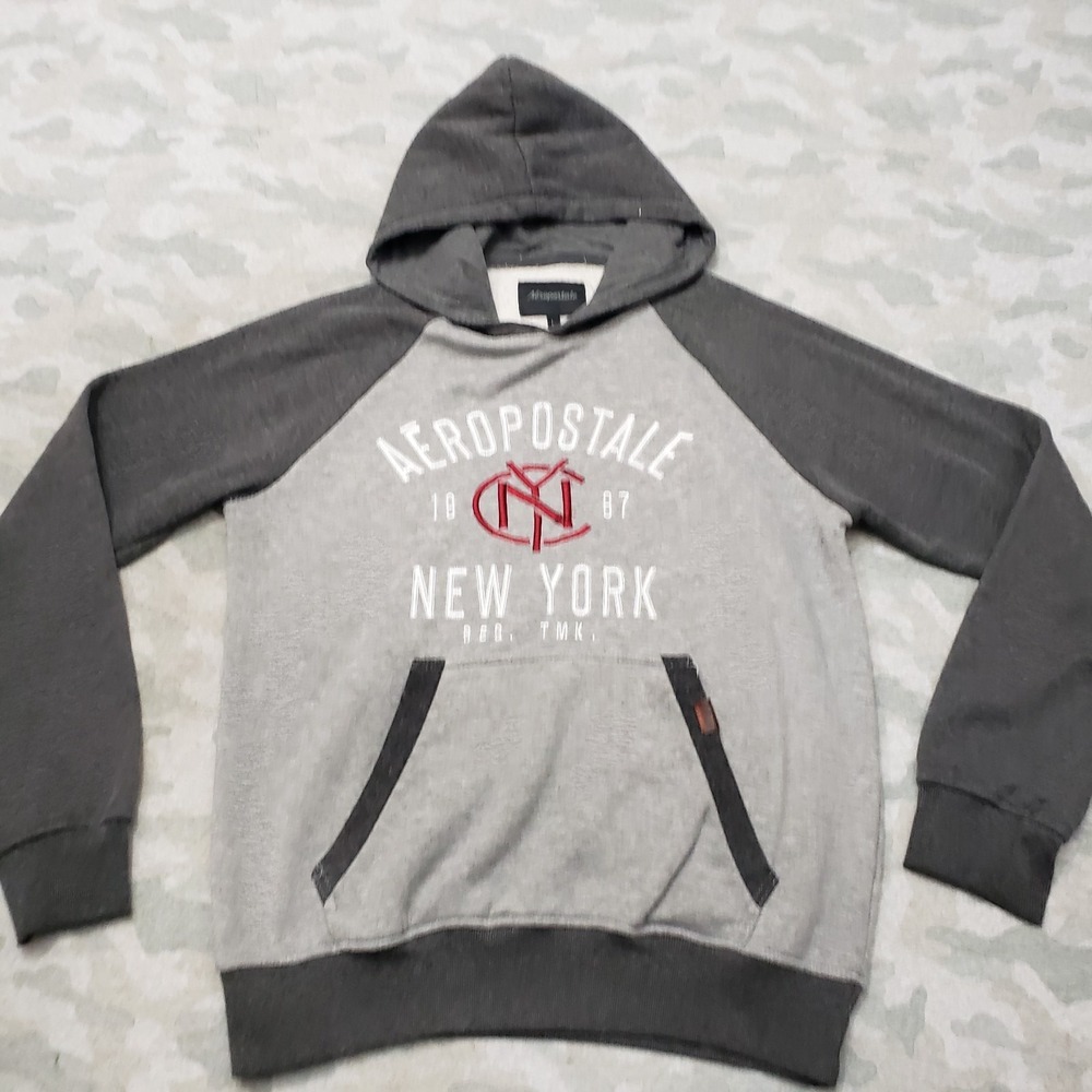 Vintage Aeropostale Sweatshirt Mens Large Gray Y2K Pullover Hoodie Embroidered